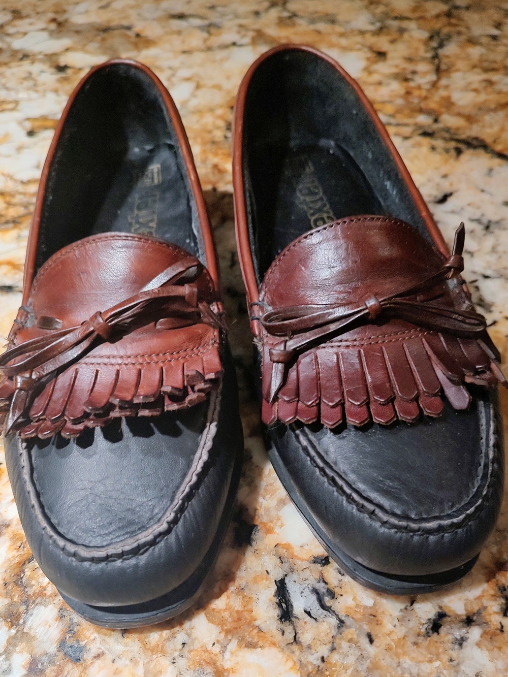 Dexter Two-Tone Kiltie Penny Loafers in Brown and Black